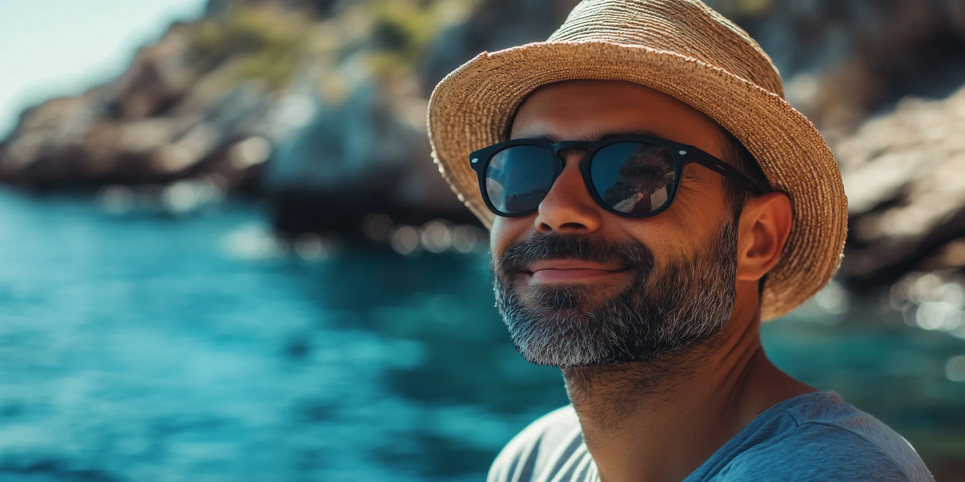 Mann mit Sonnenbrille und Strohhut lächelt am Meer.