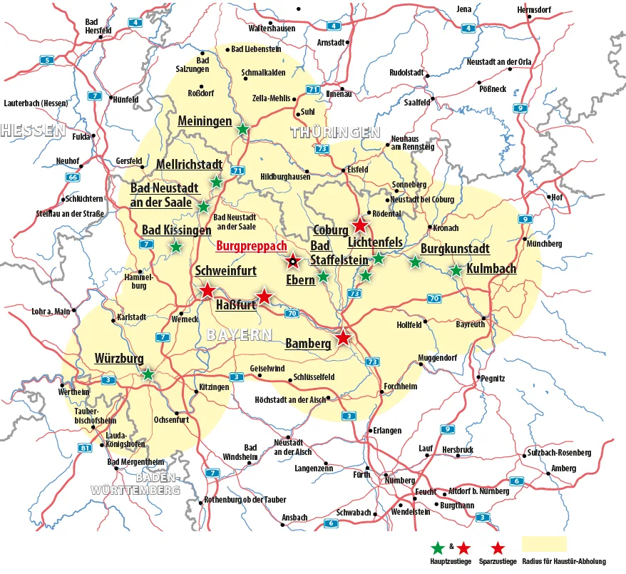 Karte des Abholgebiets: Haustürabholung im Umkreis von ca. 30 km um die Zustiegsorte in Franken und Thüringen