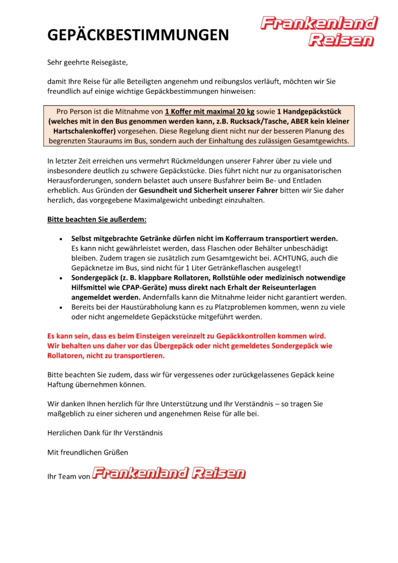 Übersicht der Gepäckbestimmungen von Frankenland Reisen für Busreisen