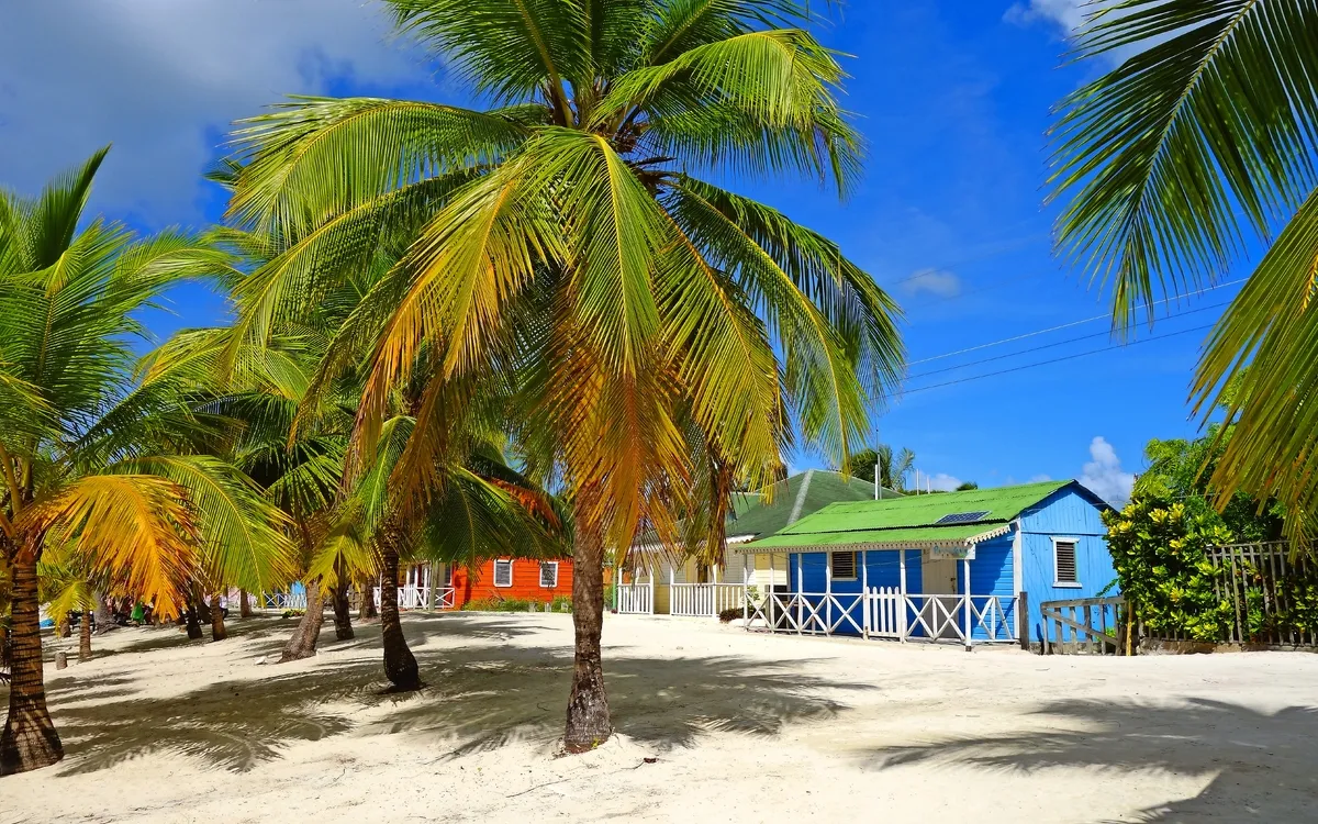 Bunte Strandhütten und Palmen an einem tropischen Strand unter klarem, blauem Himmel.
