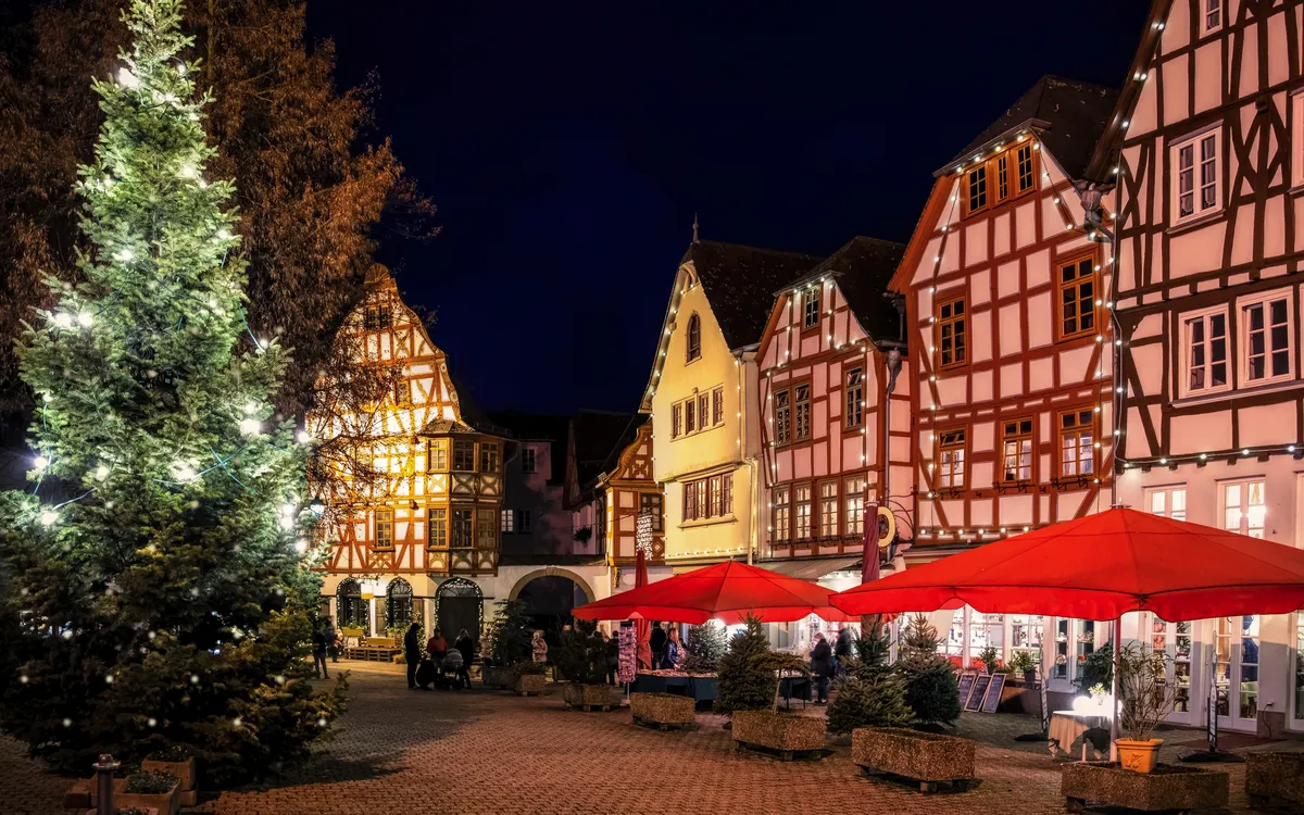 Festlich beleuchteter Platz mit Fachwerkhäusern und Weihnachtsbaum bei Nacht.