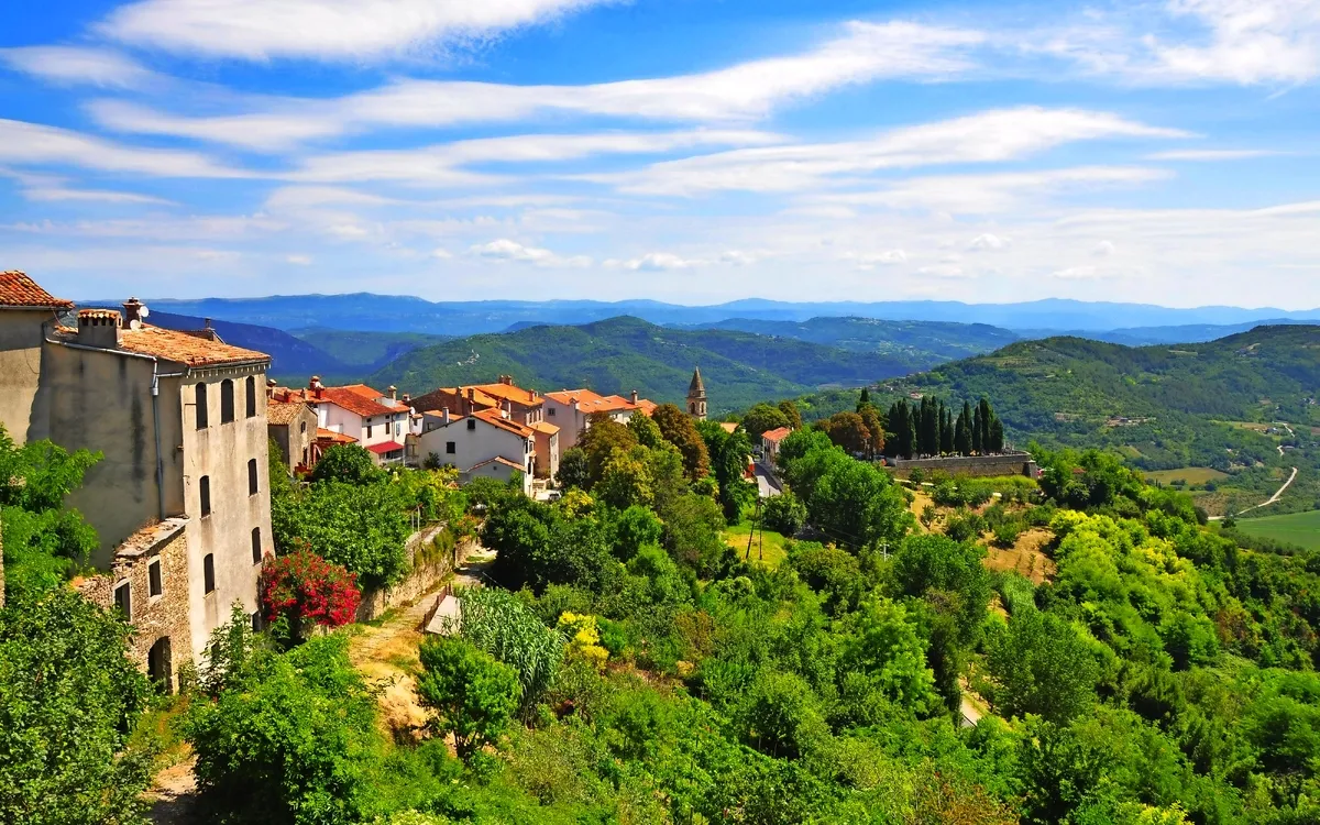 Blick auf das Bergdorf Motovun in Istrien, umgeben von grüner Landschaft.