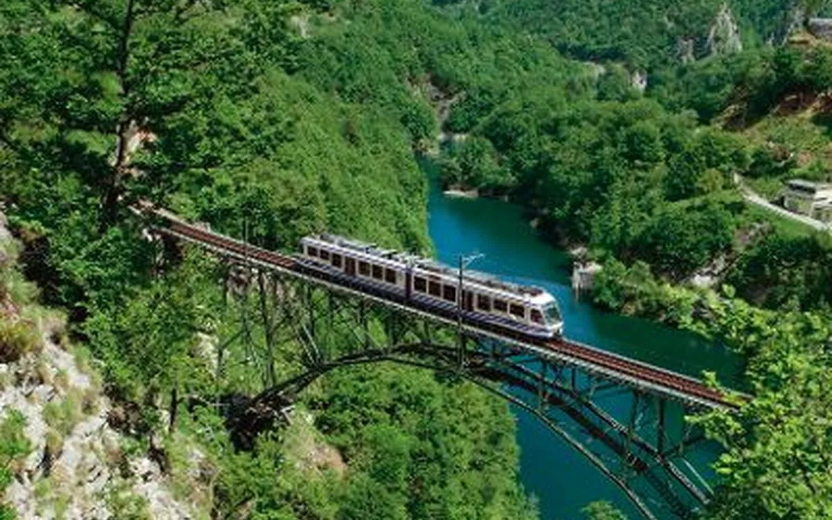 Zug auf einer Brücke in grüner Berglandschaft.