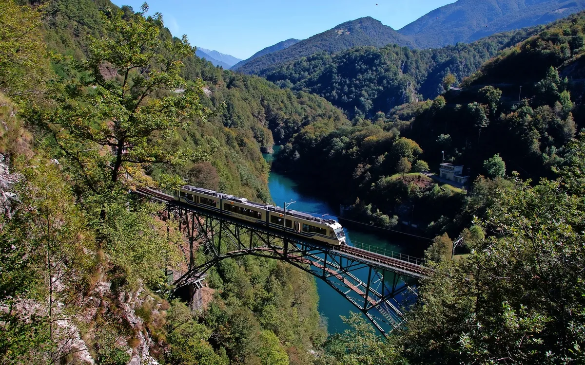 Ein Zug fährt über eine Brücke in einer bergigen Landschaft, umgeben von Bäumen und einem Fluss.