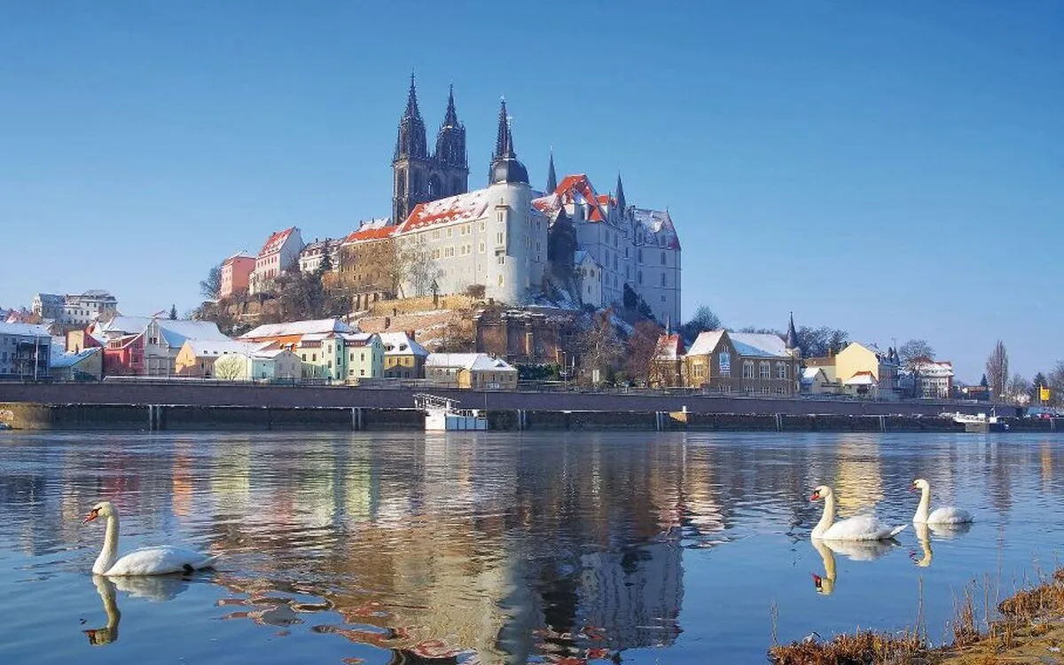 Schloss an einem Fluss mit Schwänen im Vordergrund.