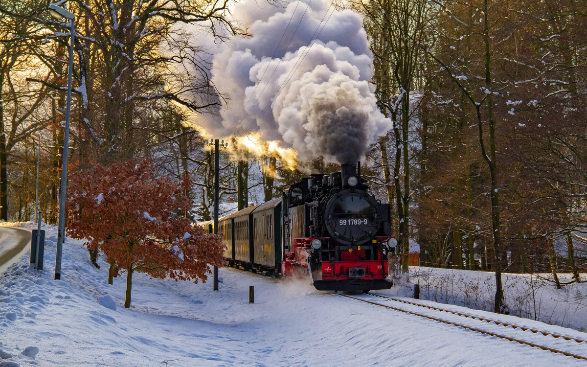Dampflok der Lößnitzgrundbahn im verschneiten Winterwald.