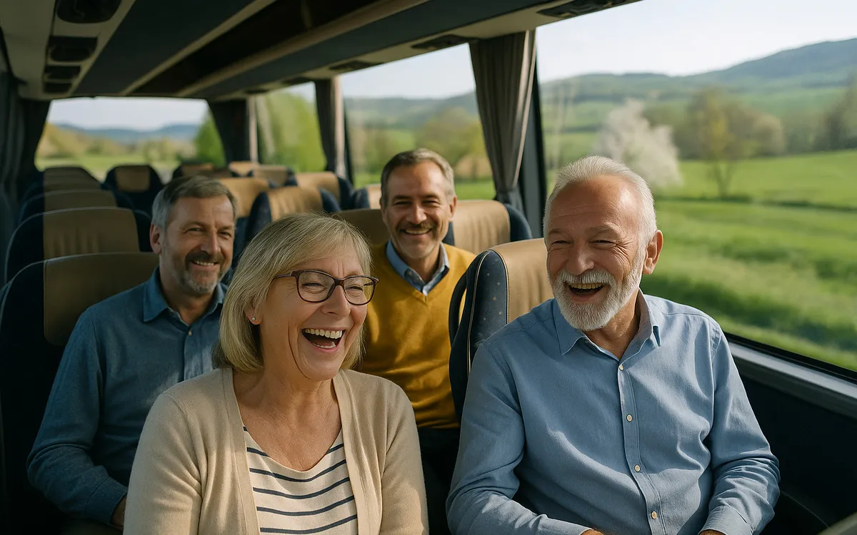 Reisegruppe älterer Menschen lacht im Bus mit Landschaft im Hintergrund.