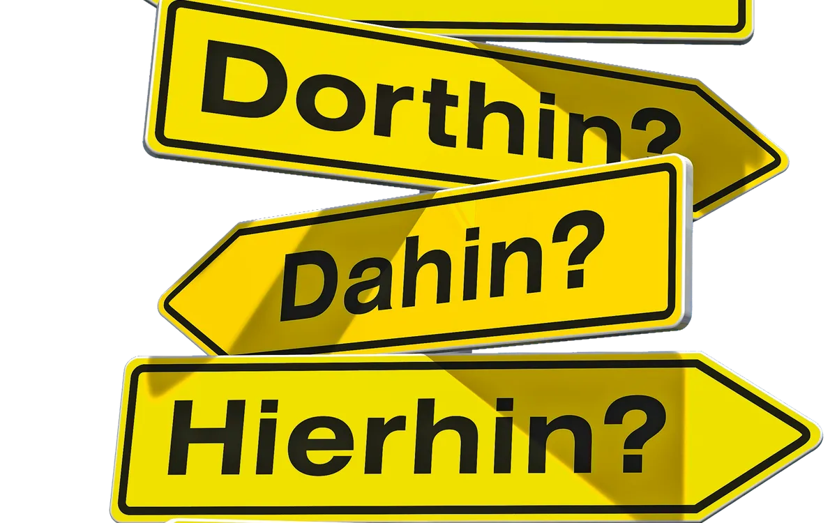 Wegweiser mit verwirrenden Richtungen wie "Dahin?" und "Hierhin?" vor Himmel.