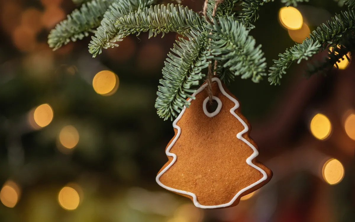 Lebkuchen in Tannenbaumform hängt an Zweig, unscharfer leuchtender Hintergrund.