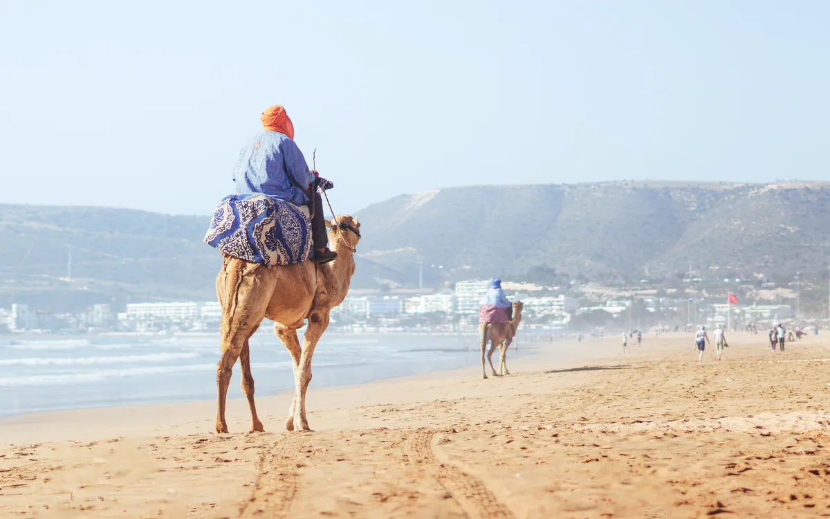 Eine Person reitet auf einem Kamel am Strand entlang.