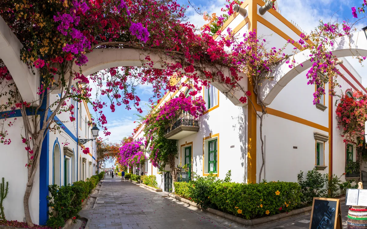 Malerische Gasse mit bunten Häusern und blühenden Bougainvillea in mediterraner Umgebung.