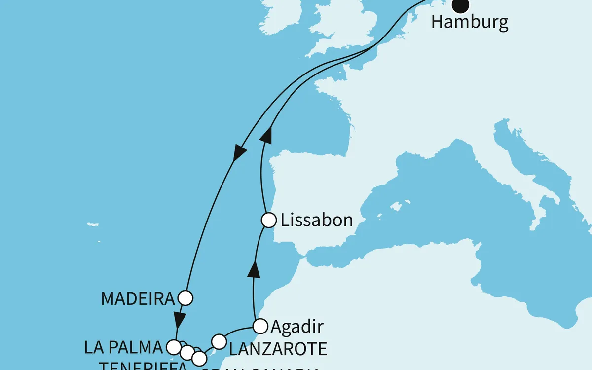 Route der Kreuzfahrt von Hamburg zu den Kanaren und Madeira, Rückkehr nach Hamburg