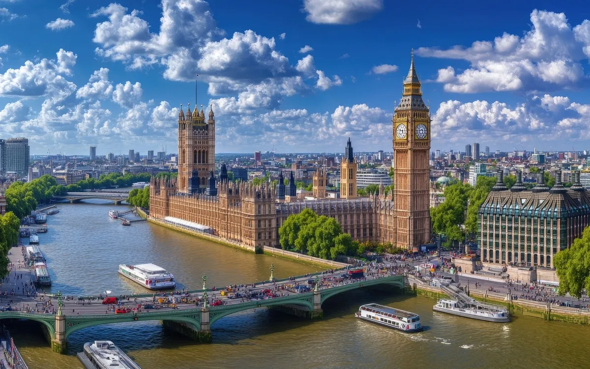Ansicht des Londoner Parlamentsgebäudes und der Westminster Bridge über die Themse.