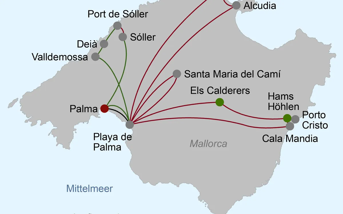 Karte Mallorca mit Ausflugspunkten und Flugroutenlinien.