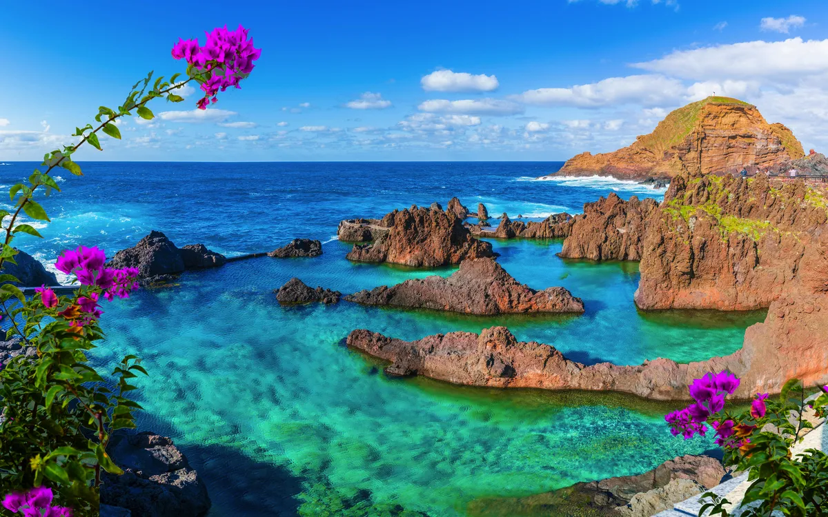 Naturpool mit Felsen und Blumen am Atlantik bei Porto Moniz, Madeira.