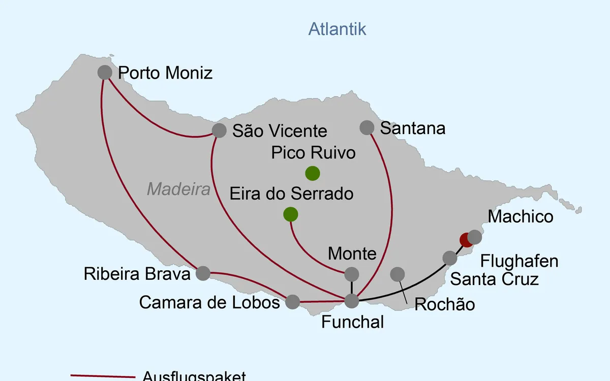 Routenkarte von Madeira mit markierten Reisezielen und Ausflugspaketen.