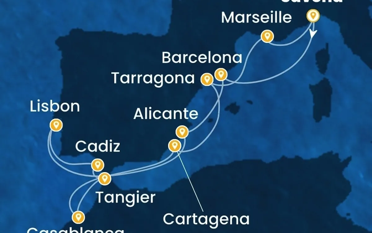 Routenkarte der Costa Serena im westlichen Mittelmeer