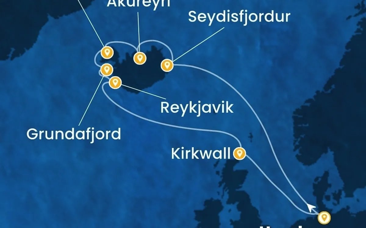 Routenkarte des Schiffs Costa Favolosa mit Stationen in Island