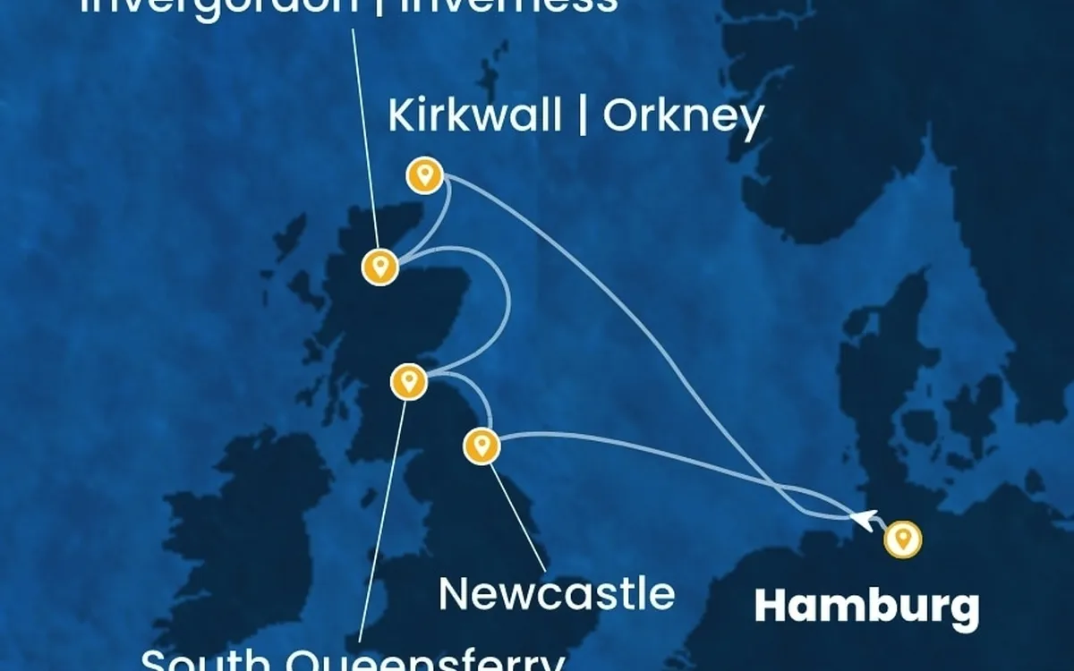 Karte der Reiseroute der Costa Favolosa um Schottland, Start in Hamburg.