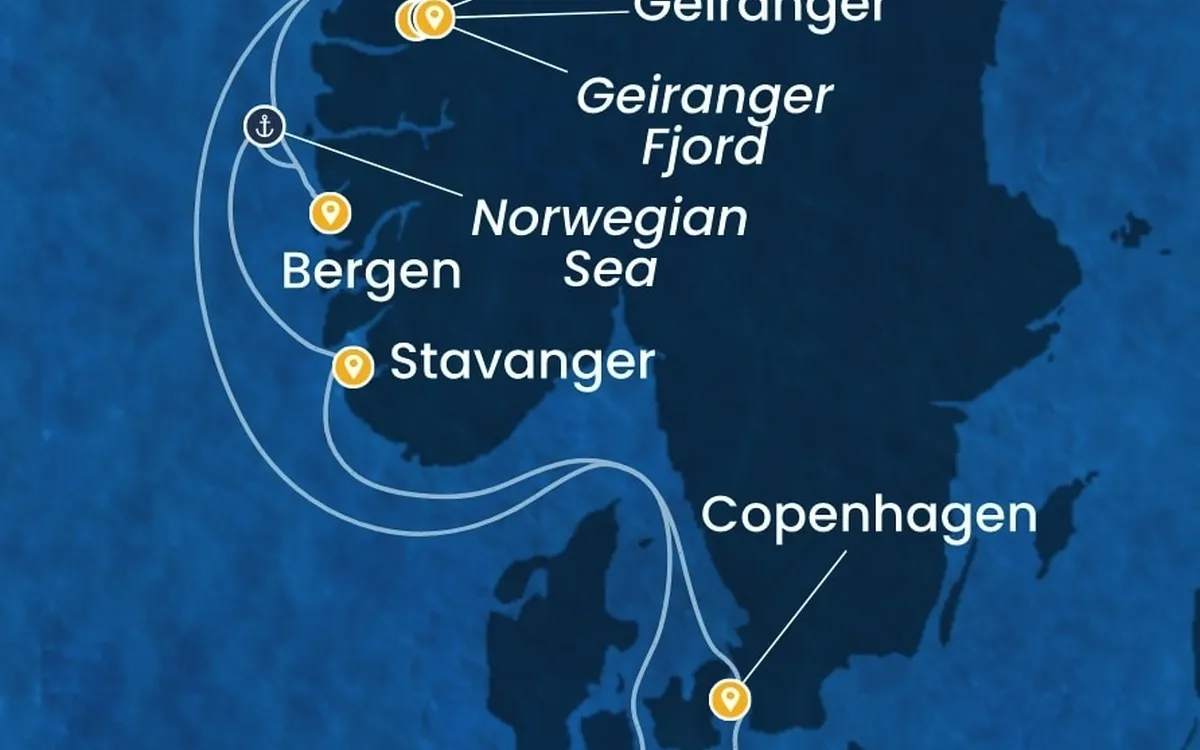Routenkarte der Costa Diadema in Skandinavien
