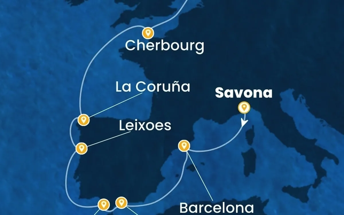 Routenkarte der Costa Favolosa durch Westeuropa