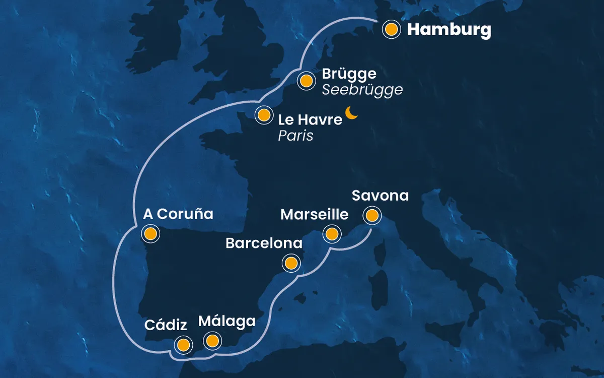 Routenkarte der Kreuzfahrt Costa Favolosa in Westeuropa