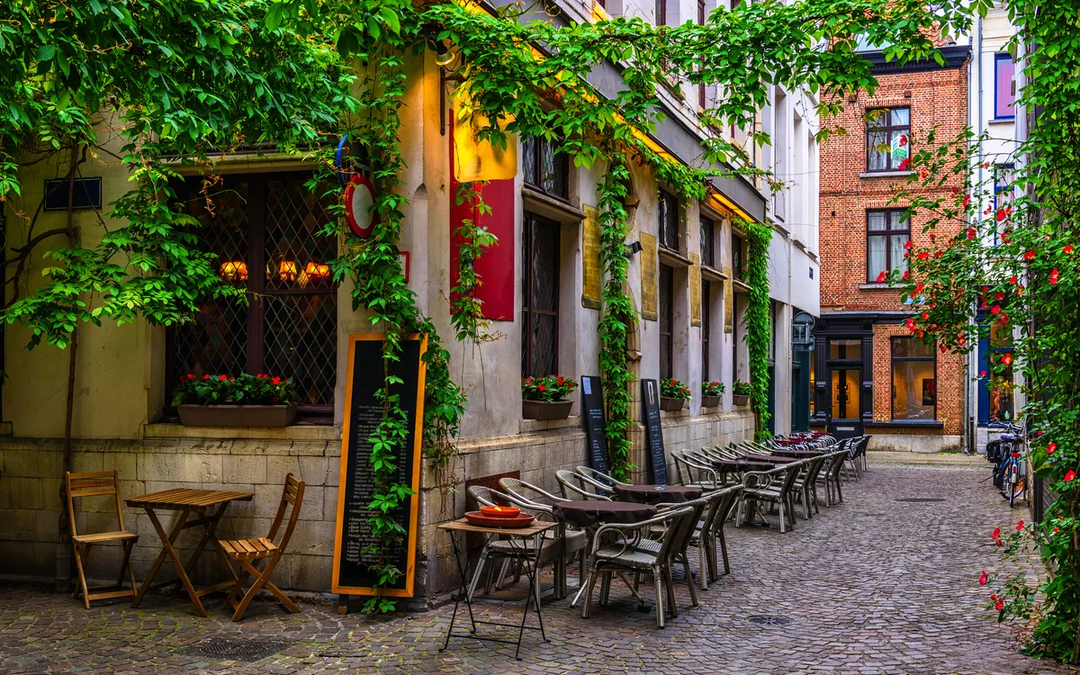 Historische Gasse in der Altstadt von Antwerpen mit Restaurants und begrünten Fassaden