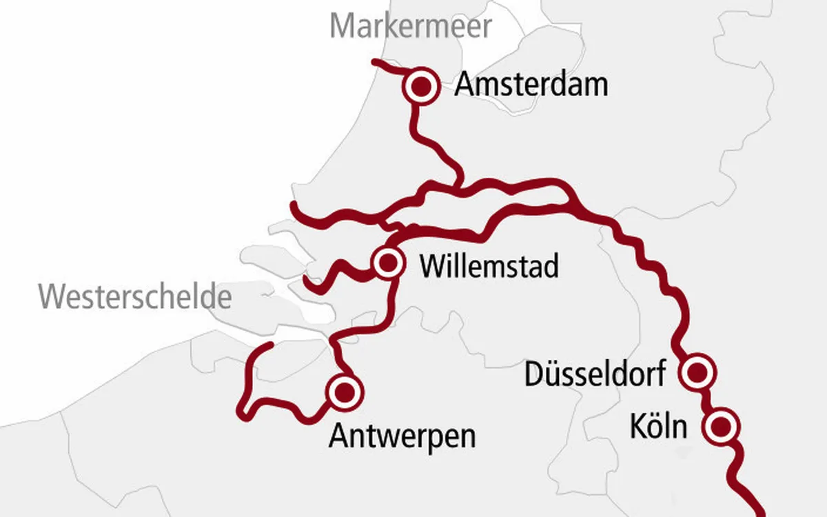 Routenkarte der A-ROSA Alea Rhein Metropolen – Flusskreuzfahrt auf dem Rhein mit Frankenland Reisen