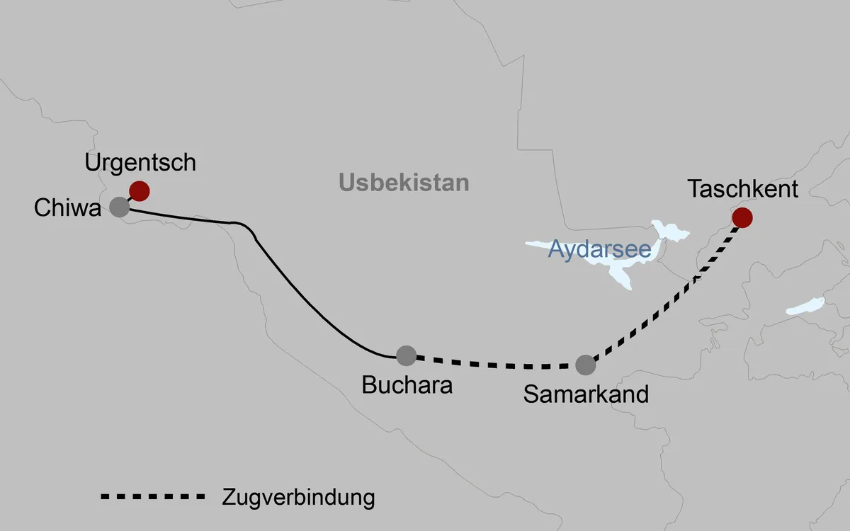 Reiseroute einer Flugsreise für Senioren nach Usbekistan mit Frankenland Reisen